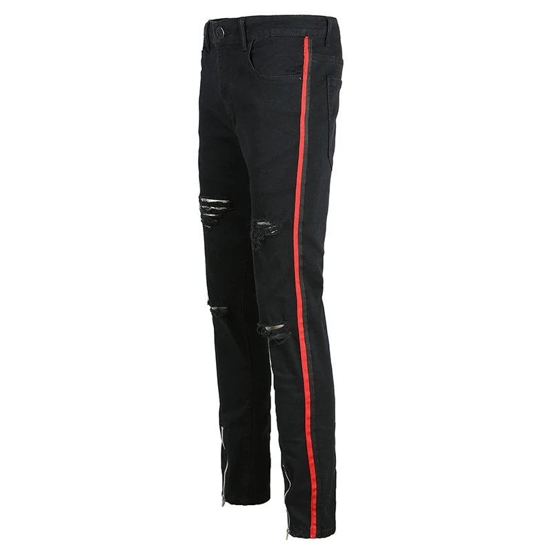 Sokotoo Мужские красные, черные рваные джинсы в полоску в стиле пэчворк облегающие джинсы на молнии с дырками потертые Стрейчевые джинсы