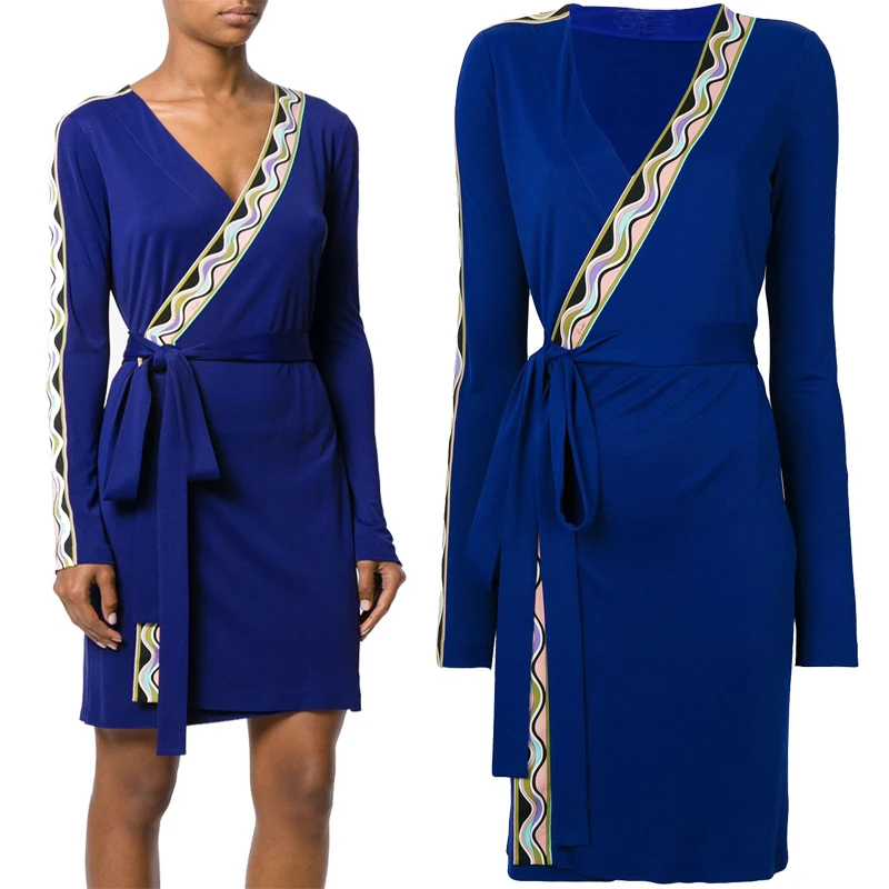 Женское эластичное трикотажное платье-блузка с длинным рукавом v-образным