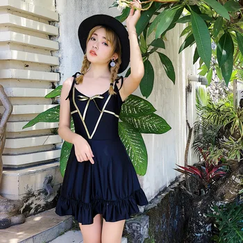 

Plus Size 2018 new Sexy Flounce Solid Swimsuit Pleated skirt one-piece swimwear beach women bathing suits