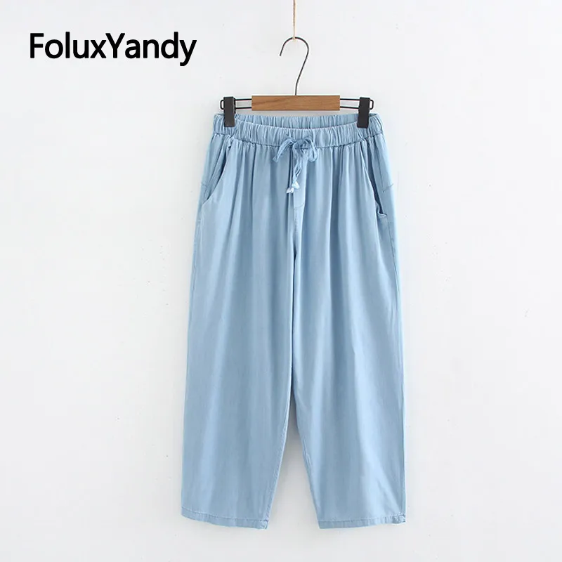 

Casual Harem Pants 2019 Women Loose Trousers Plus Size Elastic Waist Ankle-length Summer Denim Pants Blue KKFY3670