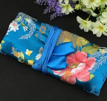

5 pcs per bag Portable Folding Jewelry Roll Up Bag 3 Zipper Silk Brocade Pouch Drawstring