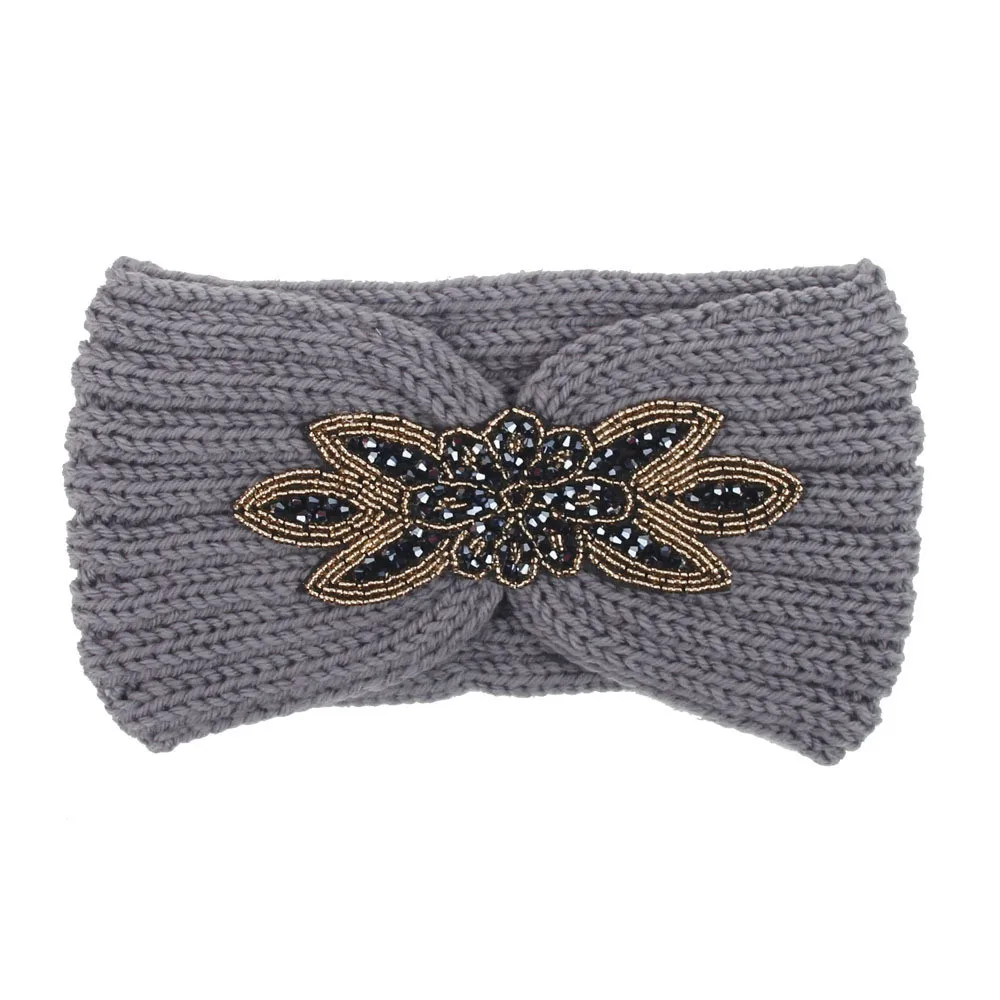 New Women Bohemian Hexagon Knitted Woolen Headband Knitted Headbands Winter Warm Head Wrap Wide Hair Accessories#pingyou - Color: Gray