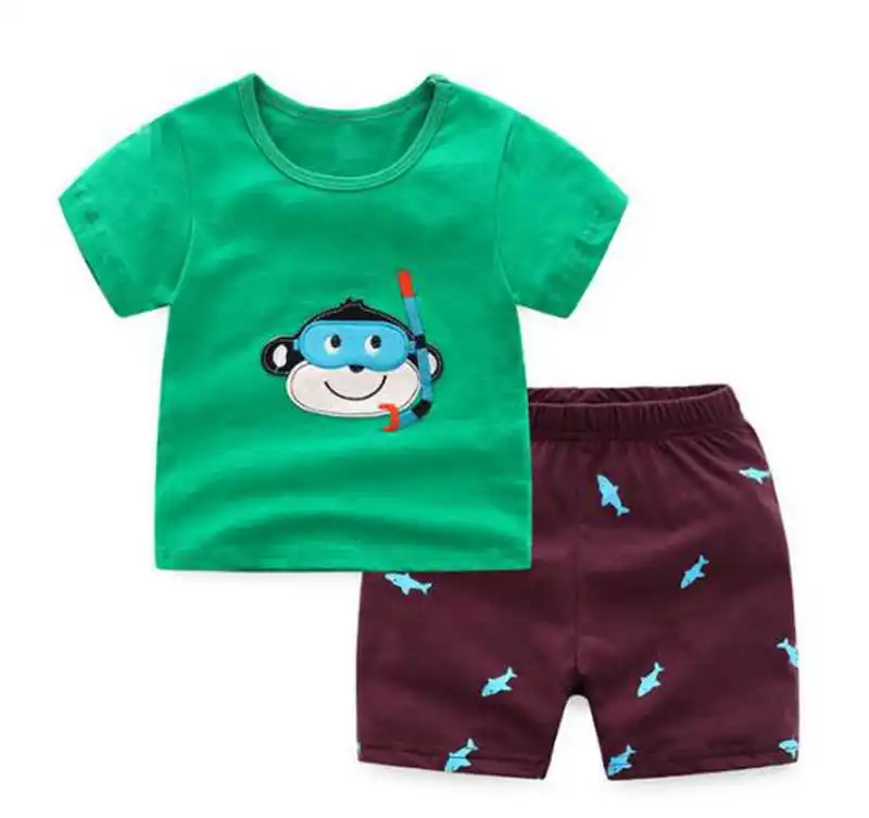 Комплекты одежды с динозавром для маленьких мальчиков; коллекция года; летние детские пижамные комплекты; Детские пижамные комплекты; хлопковые футболки; комплект одежды со штанами - Цвет: Светло-коричневый