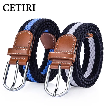 

CETIRI 3.5cm Multicolored Braided Elastic Stretch Woven Belt with Leather Tip Nickle Pin Buckle Belts Student Casual Belts