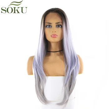 

SOKU Synthetic 13*4 Lace Front Wigs Dark Root Purple Color Wigs 26 Inch Long Straight Free Part Lace Frontal Wig For Women