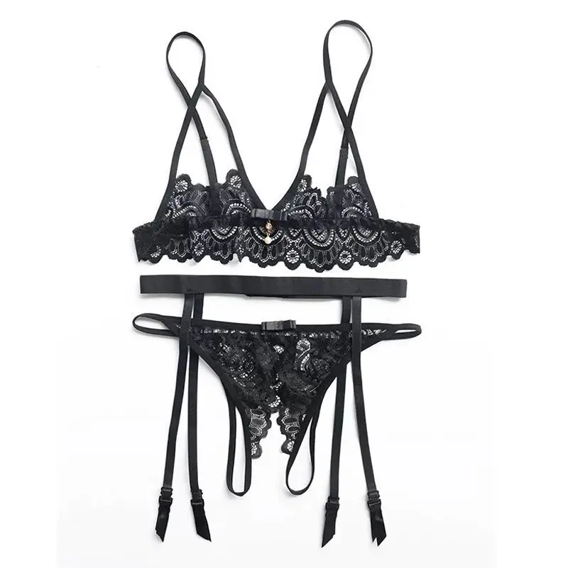 

Lace Rhinestone Lingerie Bras and Panty Sets for Women Sexy Bra Open Crotch Panties Garter Suspenders Underwear Thong Set