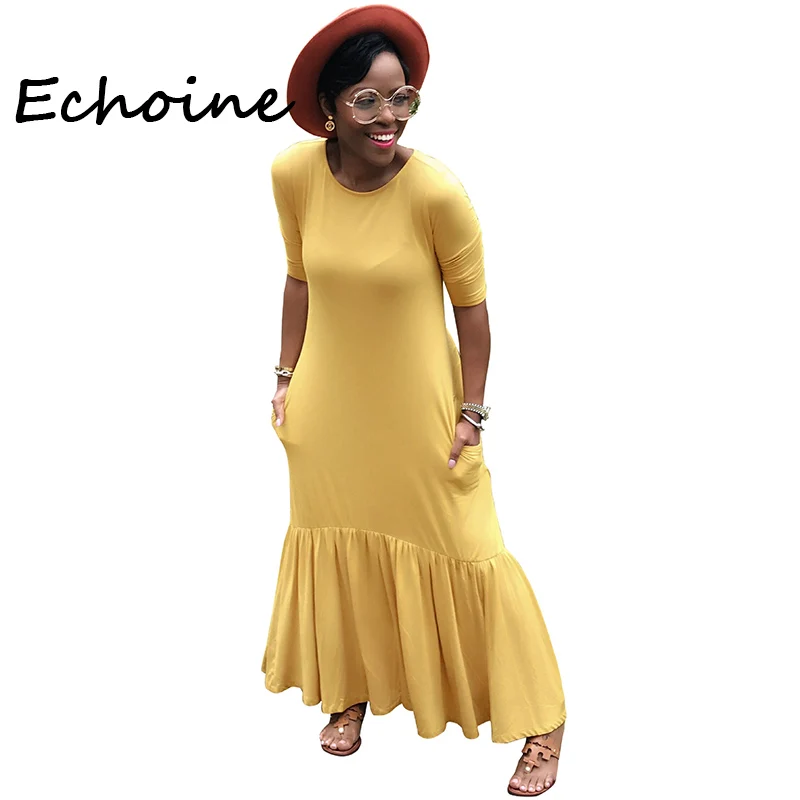 

Echoine Casual Loose Long Dress Solid Color O-neck Three-Quarter Summer Beach Dress 2019 Vestidos 3 Color