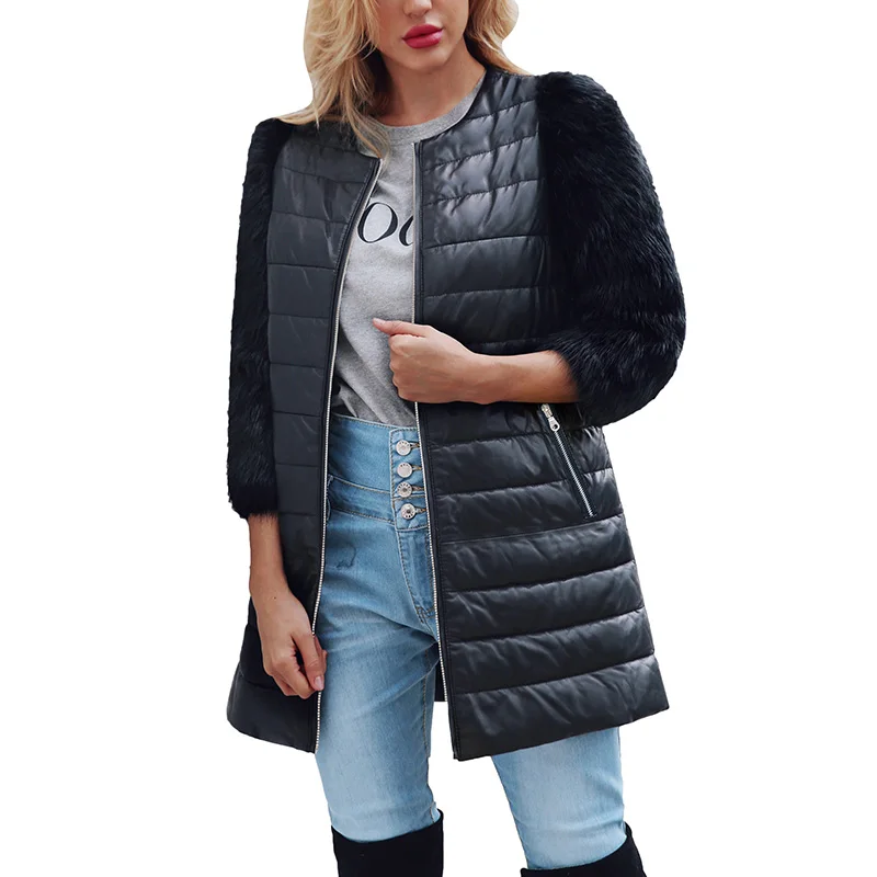 

Autumn Winter Women Faux Fur PU Long Coat Jacket 3/4 Sleeves Zipper Front Side Pockets Casual Women Down Jacket Overcoat Outwear