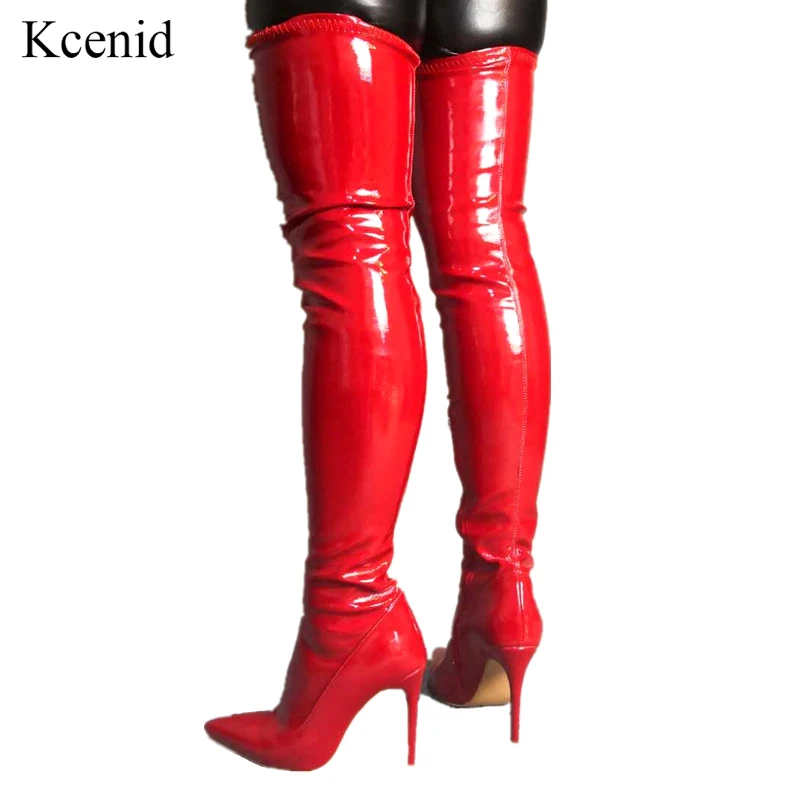 

Kcenid Stretch patent leather women over the knee boots red pointed toe zip super high heels party shoes woman large size 35-47