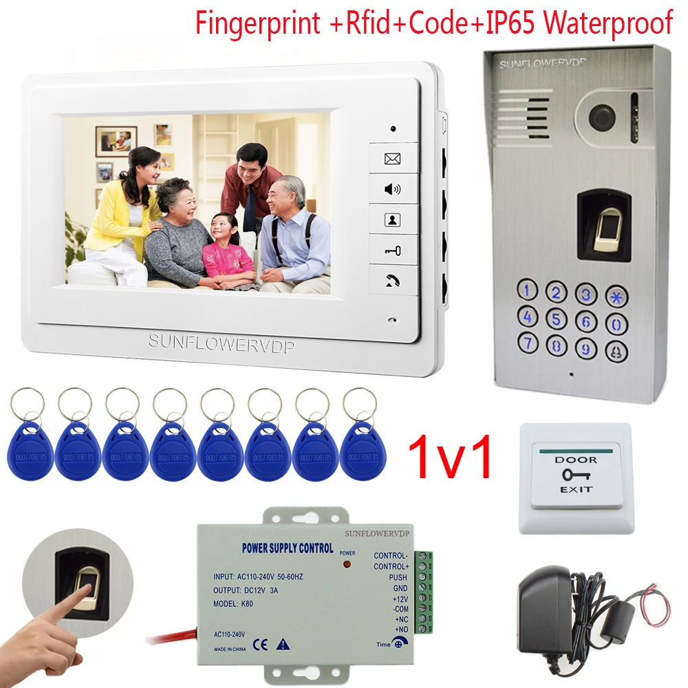 

Home IP65 Waterproof Video Intercoms Fingerprint Rfid Keypad Wired Videophone 7" Color Monitor Video-Eye Camera Doorbell 1v1