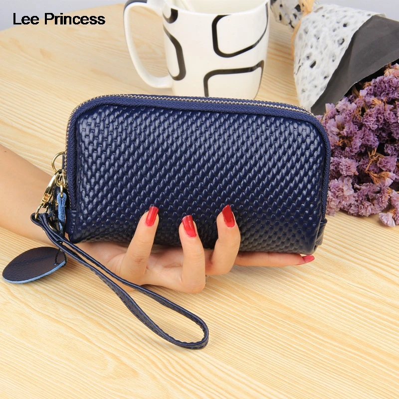 

Lee Princess Double Zipper Wallet Women Genuine Leather Wave Pattern Wristlet Bag Female Purse Ladies Long Clutch Wallets