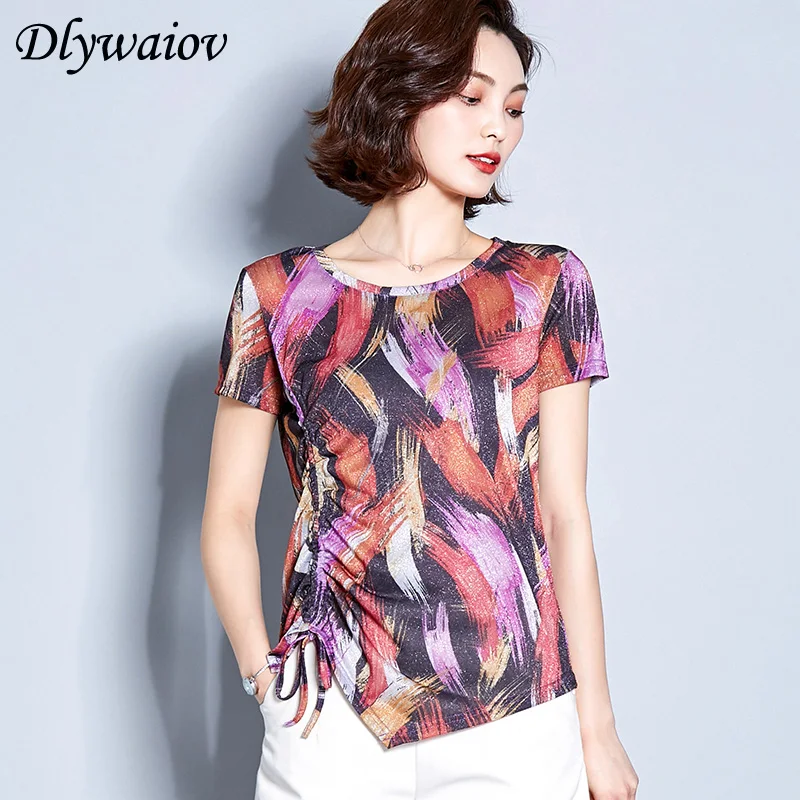 

Lurex print Shirts Female Fashion Lacing Women Shirt Blouses Tops 2019 Summer Temperament Femme Elastic Short Sleeve Shirts