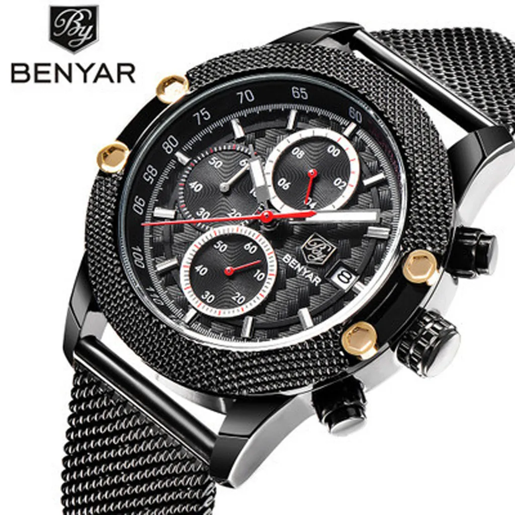 

BENYAR Men Watch Sport Chronograph Mesh Band Waterproof Luxury Quartz Watch Reloj Hombre 2019 Men Wristwatch Clock