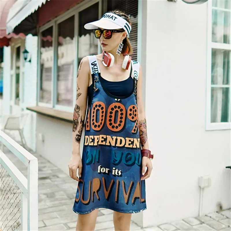 

Just.be.never women Hip Hop Dress Summer Ladies Backless off-shoulder letter Print Loose Sleeveless sexy Spaghetti Strap Dress