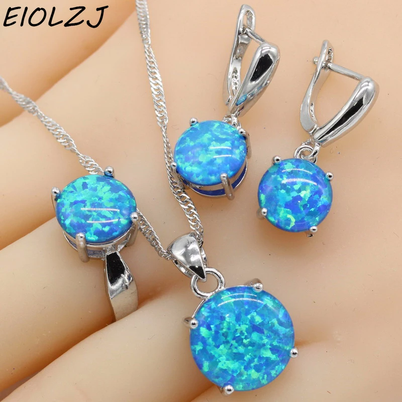 

925 Sterling Silver Jewelry Sets For Women Round Blue Opal Necklace Pendant Dangle Earrings Choker Ring Gift Box Free Ship