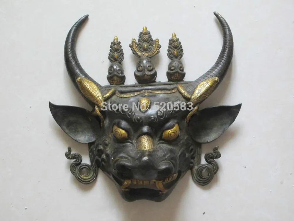 

16"Tibetan Bronze engrave Mahakala OX head masked Mahahala statue