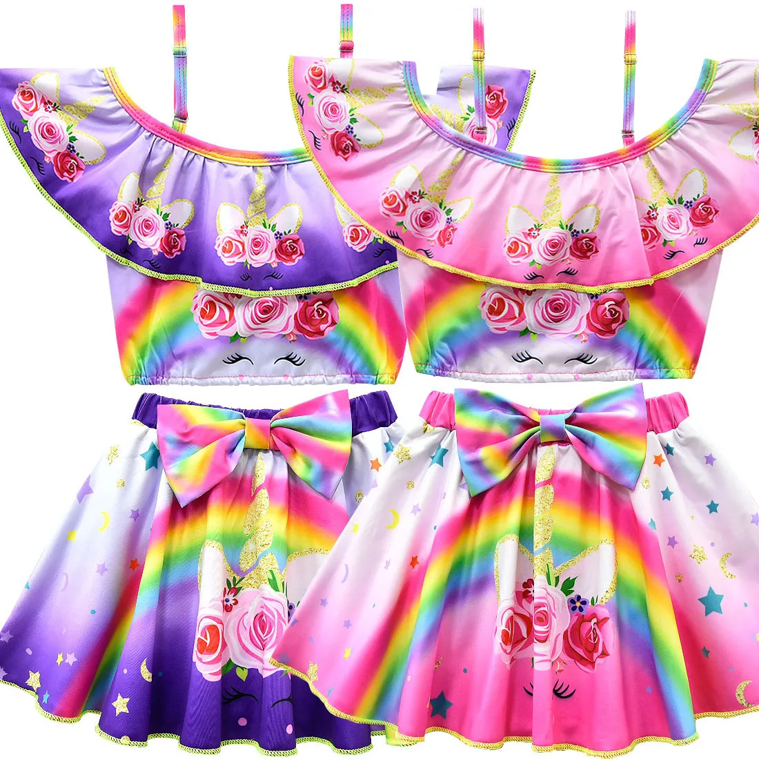 Костюм из 2 предметов с принтом радуги и единорога, купальный костюм для девочек, детская одежда для купания, детская одежда для купания, летний купальный костюм