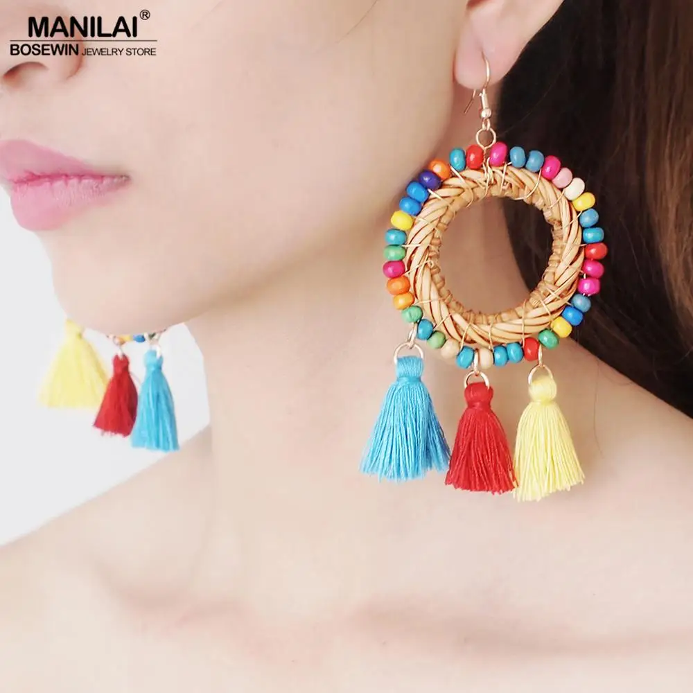 

MANILAI Bohemian Straw Rattan Tassel Earrings Handmade Copper Twine Wood Bead Statement Dangle Fringed Earrings Wooden Jewelry