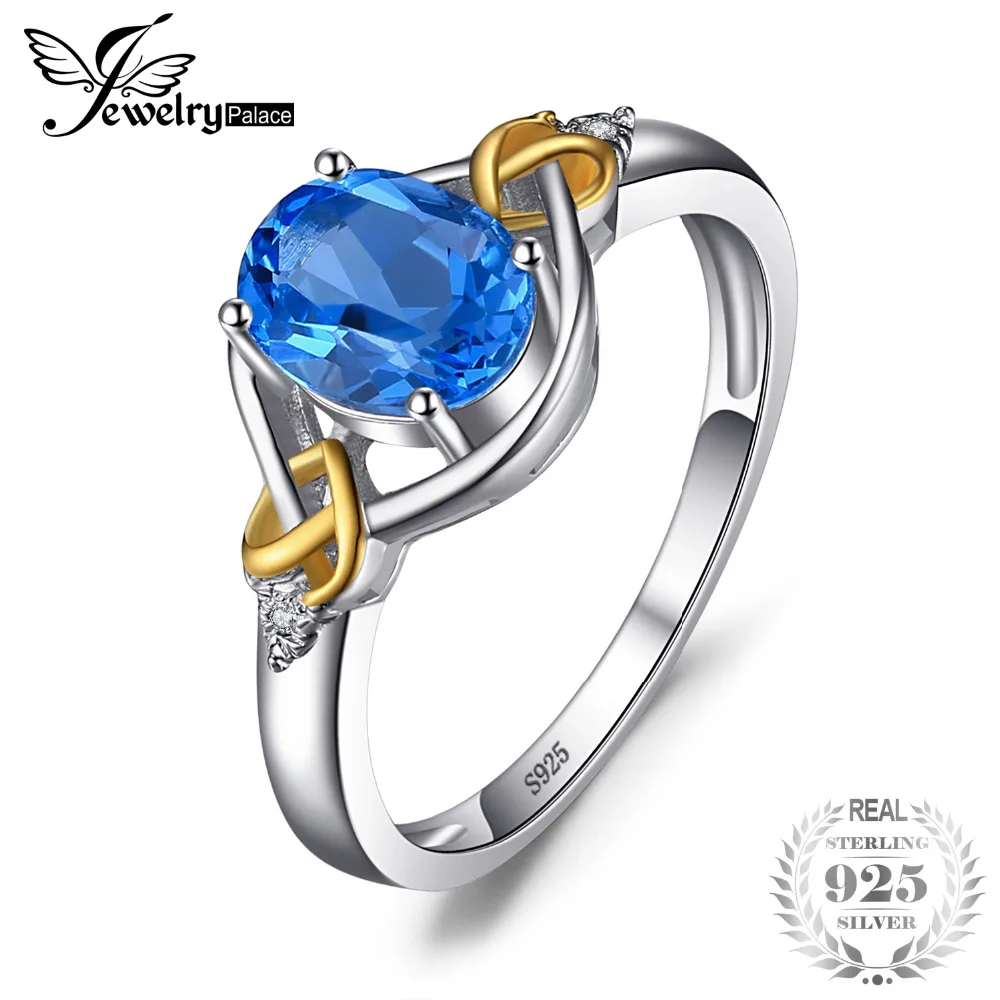 JewelryPalace Love Heart Knot 1.5ct Natural Blue Topaz Real Diamond Accented 925 Sterling Silver 18K Yellow Gold Ring For Women