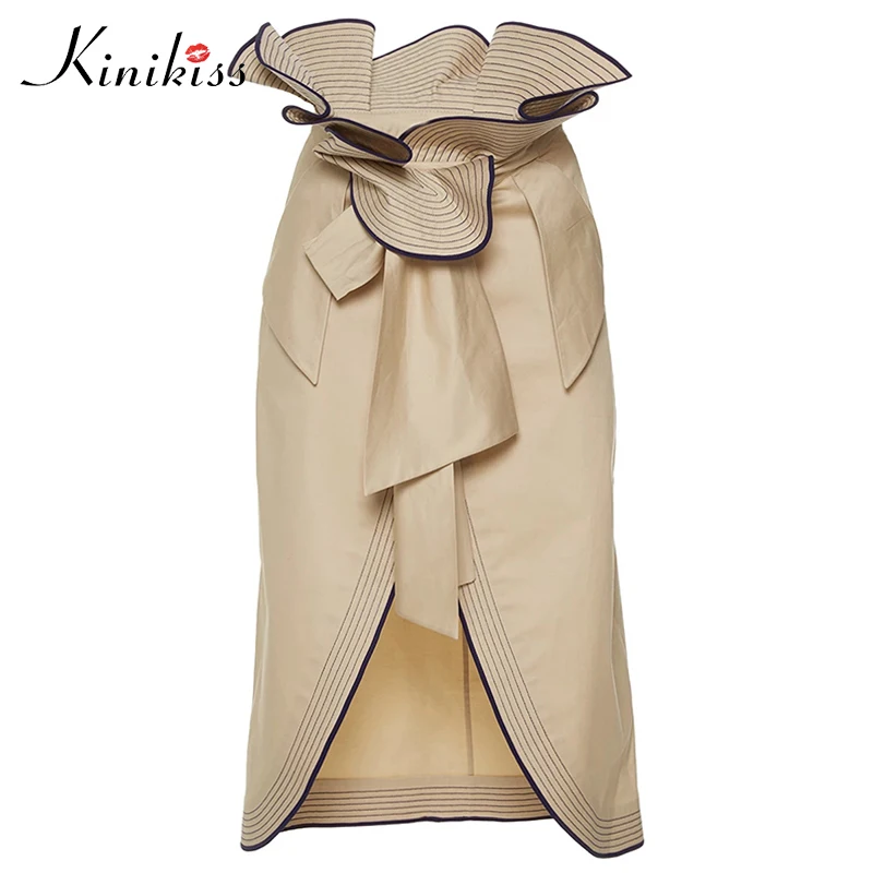 Kinikiss Women khaki Bud High Waist Skirts Ruffle Bow Tie Split Sexy