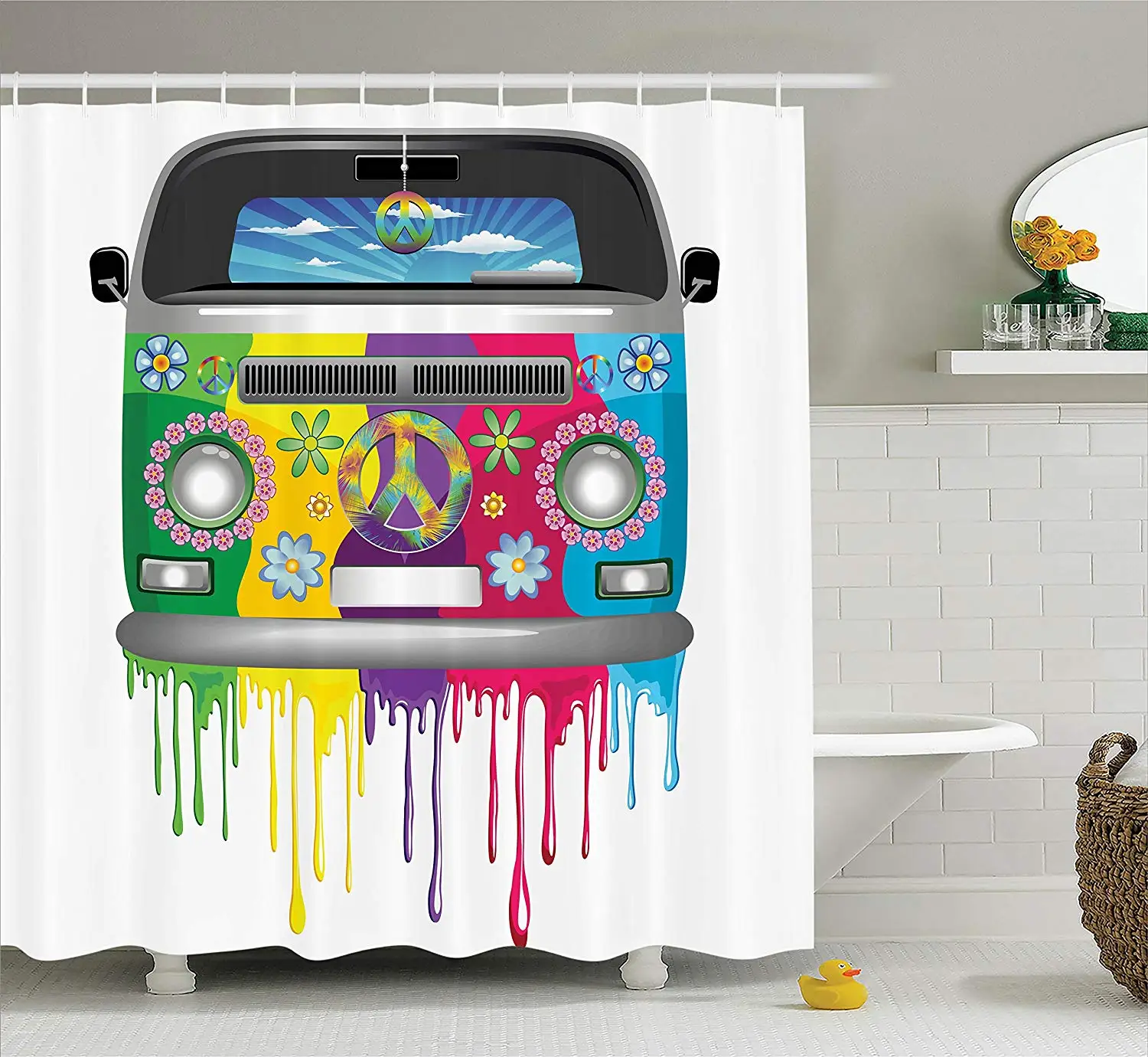 

Groovy Decorations Shower Curtain Hippie Van Dripping Rainbow Paint Good Old Days Pop Culture Vacation Transport Bathroom