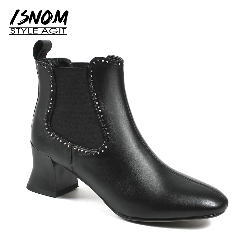 

ISNOM Winter High Heels Women Ankle Boots Round Toe Footwear Rivrt Short Female Boot Fashion Ladies Shoes Women 2018 New Black