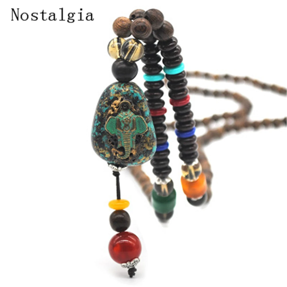 

New Handmade Nepal Necklace Buddhist Mala Wood Beads Pendant & Necklace Ethnic Elephant Long Statement Jewelry Women Men Gift