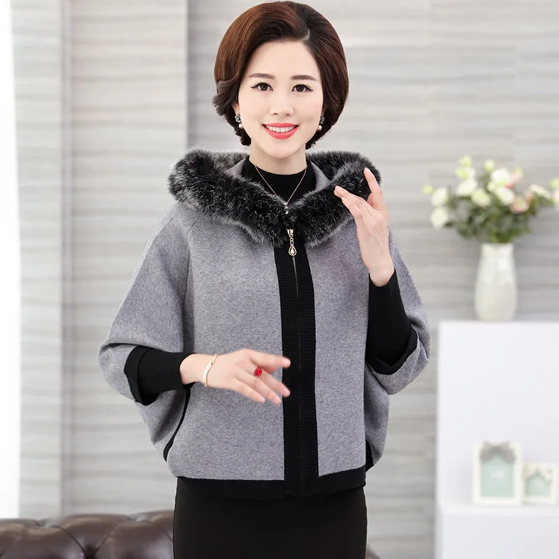 Осенний высококачественный шерстяной свитер для женщин среднего возраста, пальто с рукавом летучая мышь, с капюшоном, на молнии, Модный женский плащ, кардиган, свитер T247