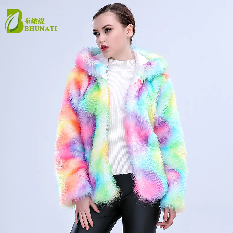 new arrival Women Colorful Faux Fox Fur Coat with Hooded Multicolor Long sleeve Artificial Fur Coats Jacket