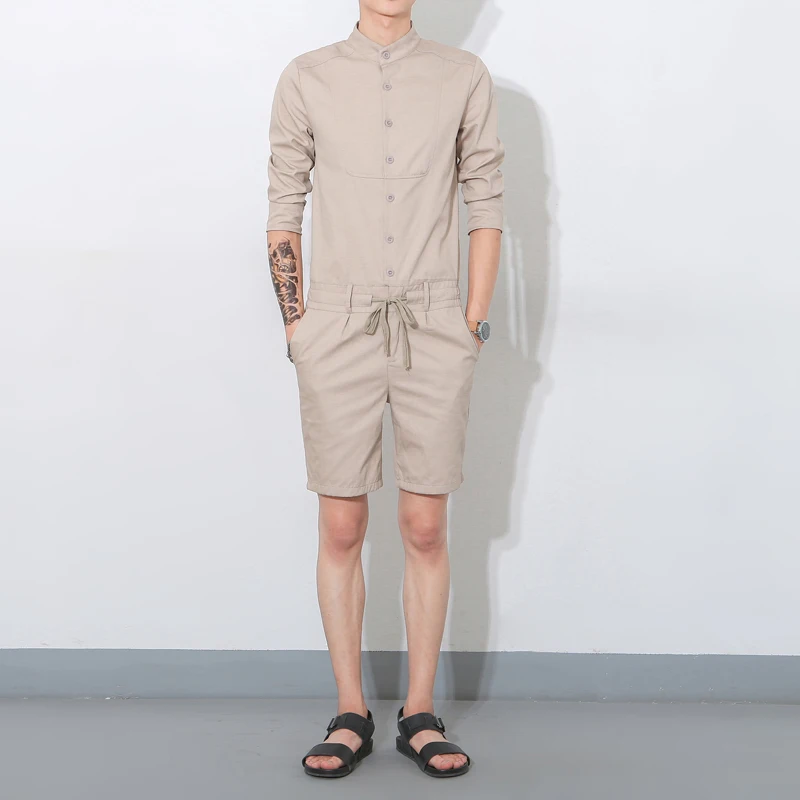 

Mens Overalls Cotton Blend Stand Collar Short Sleeve Jumpsuit Romper Casual Shorts Knee Length