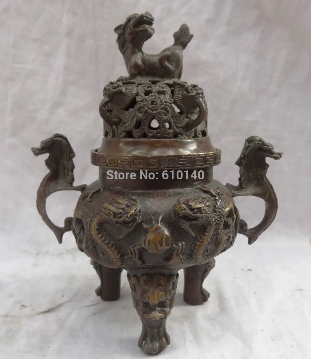 

Chinese Bronze Buddhism Dragon Ball Statue Tibet Coin Lion Incense Burner Censer