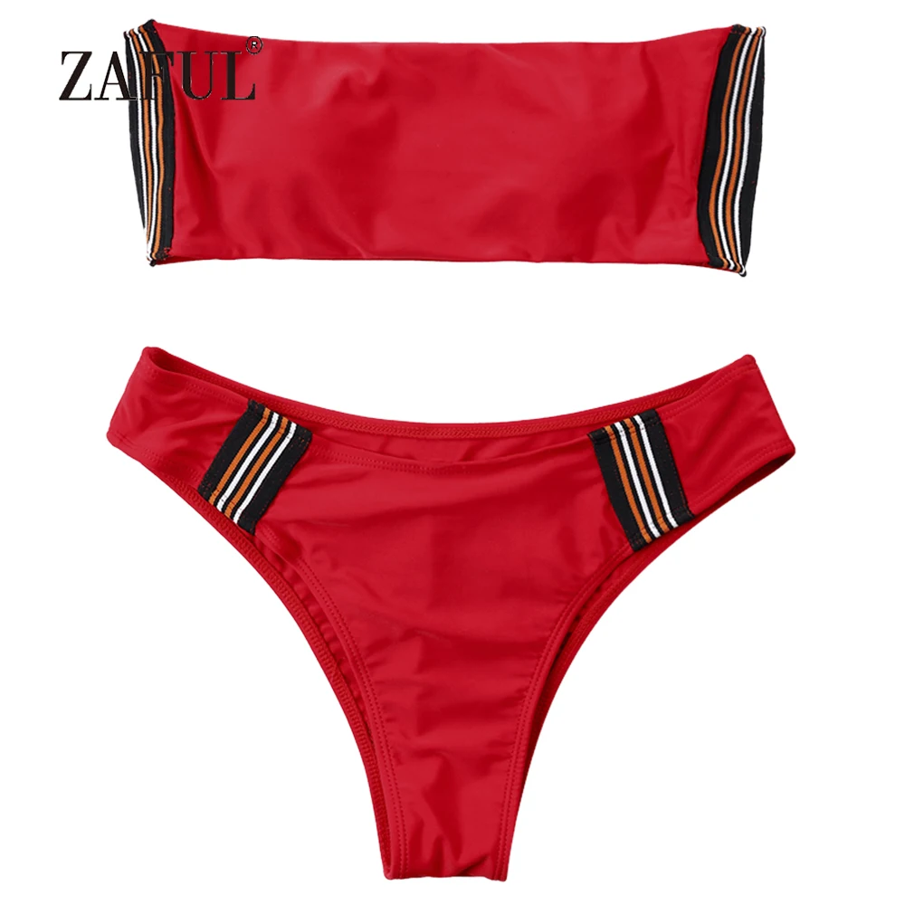  ZAFUL Striped Bandeau Bikini Set Women Swimsuit High Cut Swimwear Women Sexy Bandeau Collar Low Wai