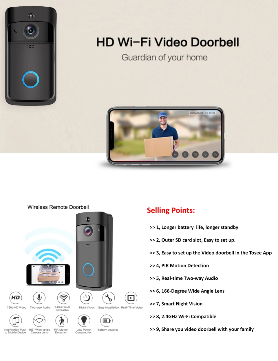 WiFi видео дверной звонок V5 черный умный IP видеосвязь Wi-Fi видео дверной телефон для квартиры ИК-сигнализация беспроводная камера