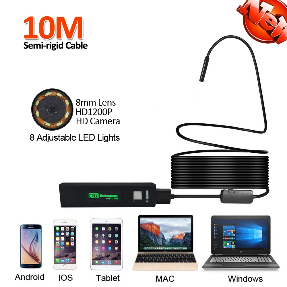8mm Lens HD1200P 2MP Android Mobile iPhone WIFI Endoscope Camera 10M