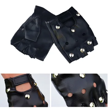 

Accessories Pu Leather Gloves Round Nail Half Finger Fingerless Patchwork Stage Fashion Men Black Handsome Gloves 2018 Hot Sale