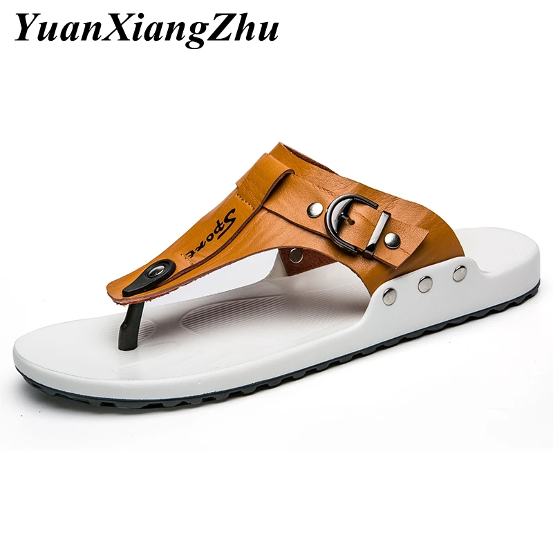 

2019 New Genuine Leather Slippers Men Beach Sandals Fashion Outside Flip Flops Shoes Man Slippers Sandals Comfortable Mens Flats