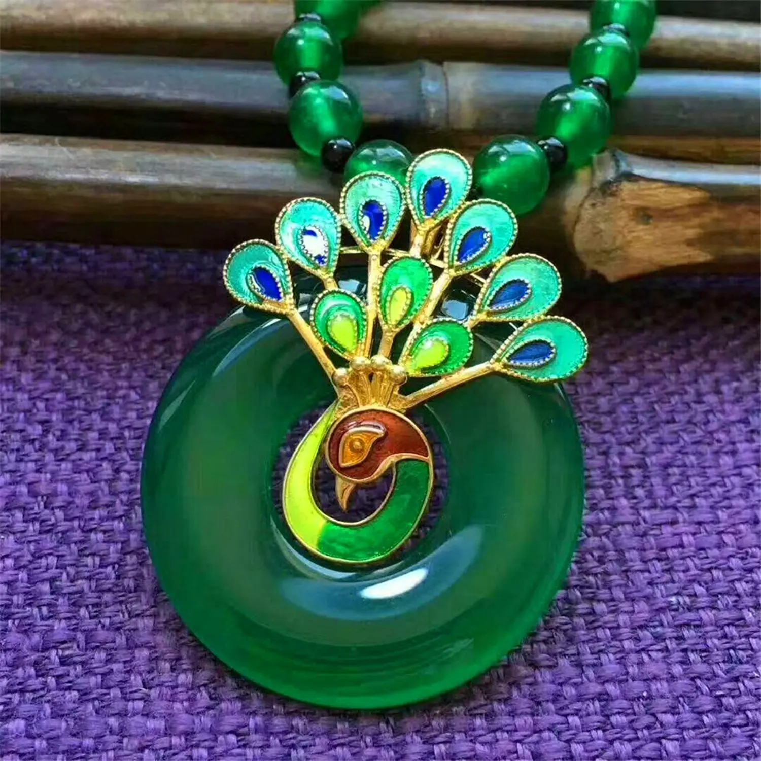 Koraba Fine Jewelry Natural Green Chalcedony Inlay Cloisonne Peacock