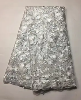 

French Net Lace Fabric 2017 Latest African Lace Fabric With Bead Embroidery Mesh Tulle White Cord Lace Fabric For Nigerian Dress