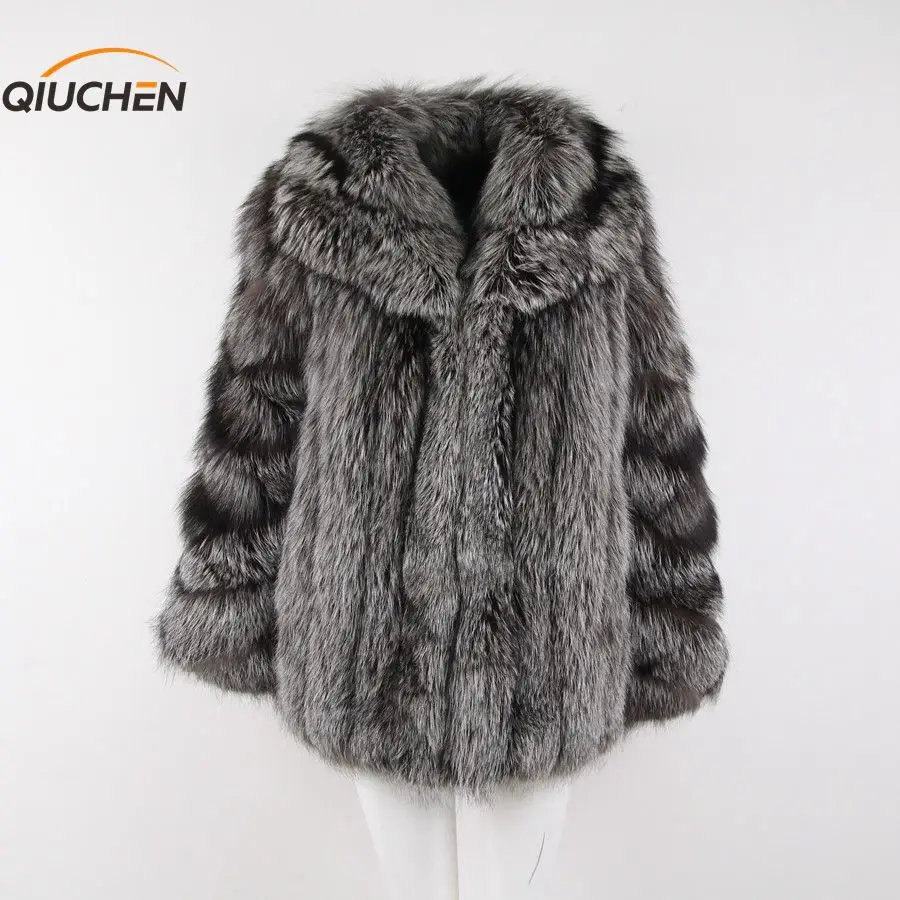 

QIUCHEN PJ1846 New arrival free shipping girls real fox fur coat high quality silver fox turn-down collar bigger furs