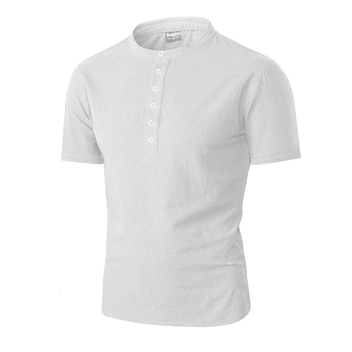 Для мужчин хлопок льняное с короткими рукавами твердый воротник Тонкий Летняя Повседневное стильная рубашка Для мужчин Хенли Рубашка с воротником модные Костюмы - Цвет: white