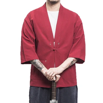 

2019 Men Cotton Linen Shirts Men Kimono Open Stitch Shirt Male Three Quarter Sleeve Harajuku Hanfu Shirt Mens dropshipping 5XL