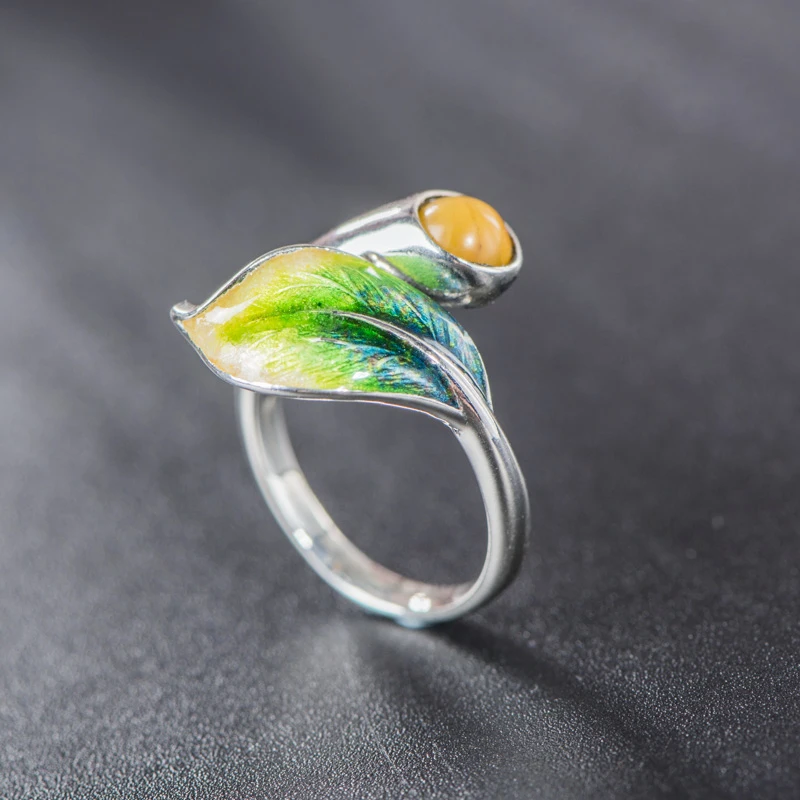 925 Sterling Silver Olive Leaves Enamel Ring, Green Leaf Ring