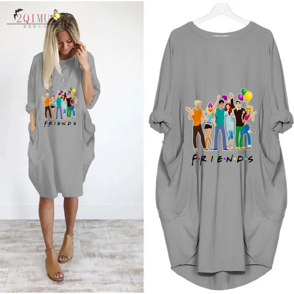 

Fashion Bud Cartoon Full Sleeve Summer Women's Dress Knee-Length Pocket Casual Dress Women's Loose Style O-Neck Dress Vestidos