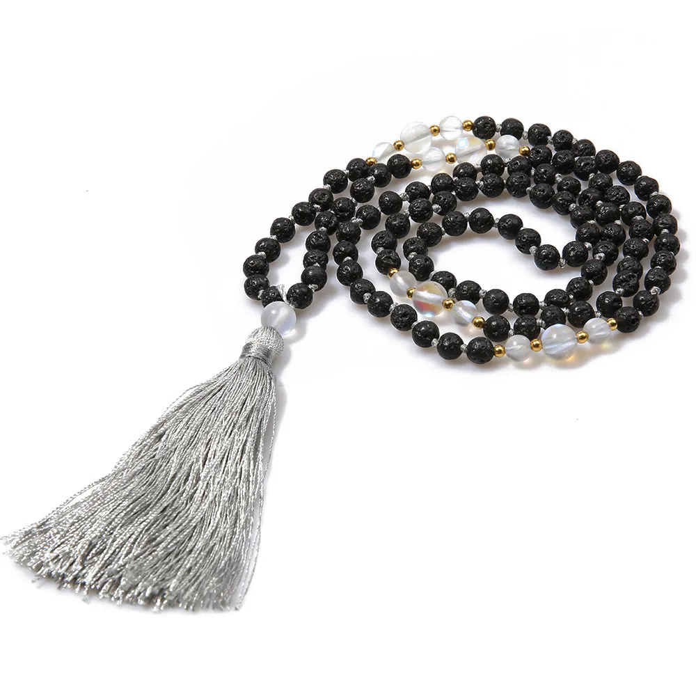 

New Hand Knotted Sweater Chain Real Black Volcanic Stone Moonstone Beads Long Grey Tassel Necklace 108 Yoga Meditation Necklace