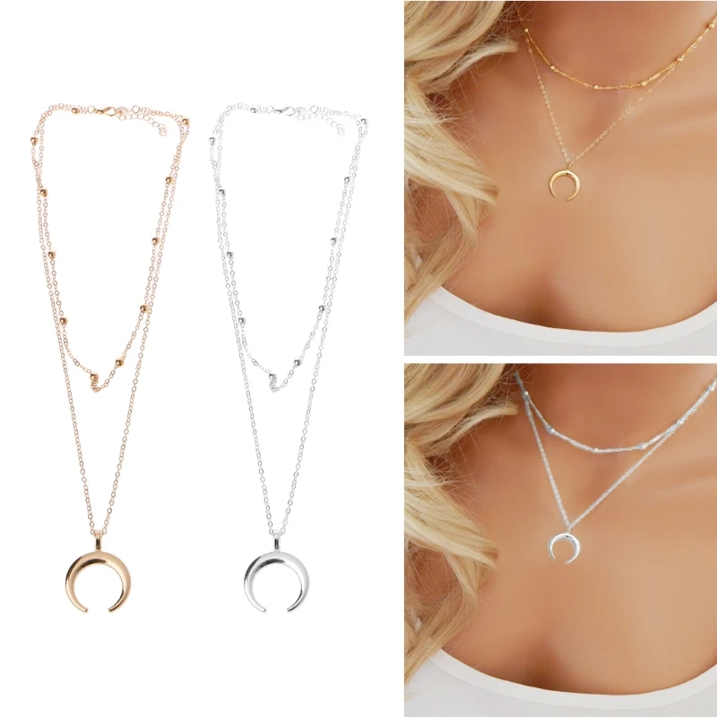 

Boho Half Moon Crescent Pendant Necklace Double Horn Jewelry Minimal Girlfriend Gift