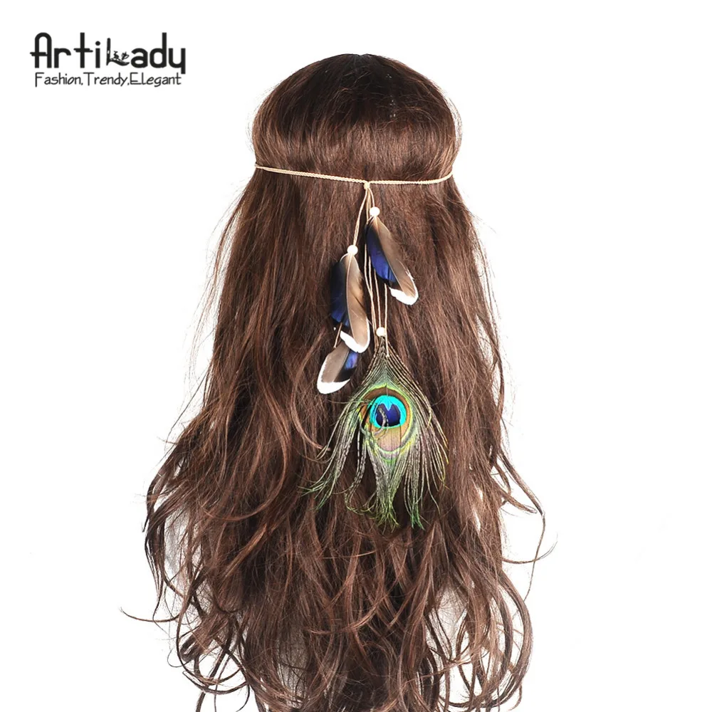 

Artilady Handmade Peacock Feather Hair Bands Trendy Bohemian Style Hair Ornaments For Women Jewelry