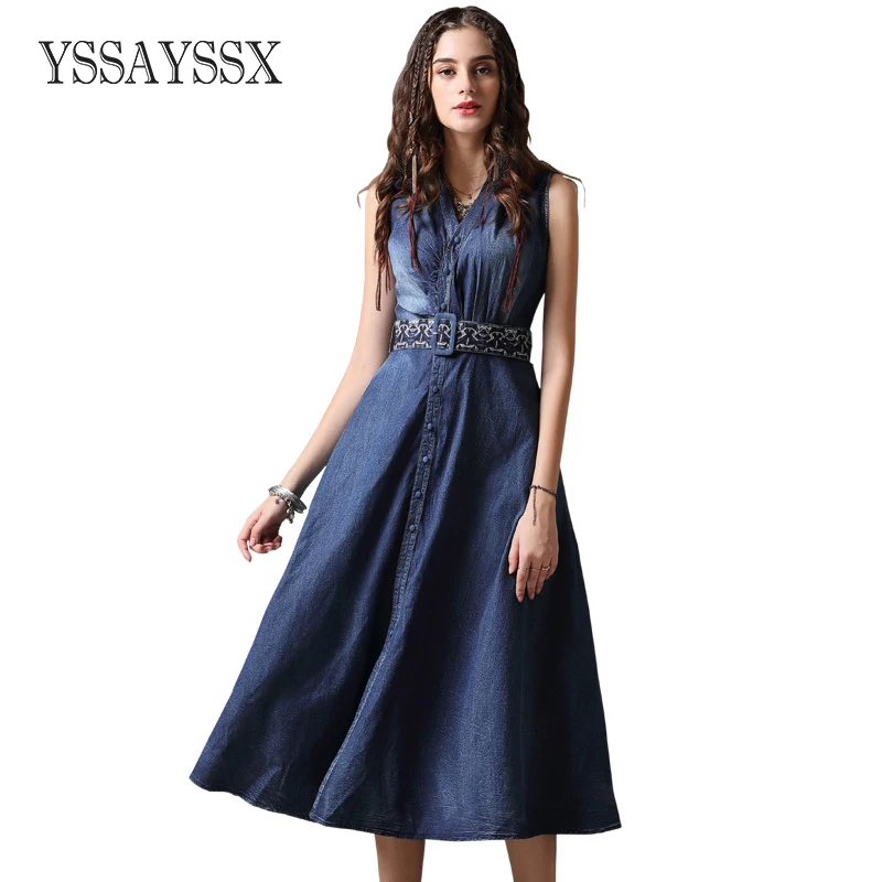 

YSSAYSSX Vintage Embroidered Belt Maxi Dress New Vest Lapel Print Slim Waist Denim Dress Mid-Rise Sleeveless Vintage Denim Dress