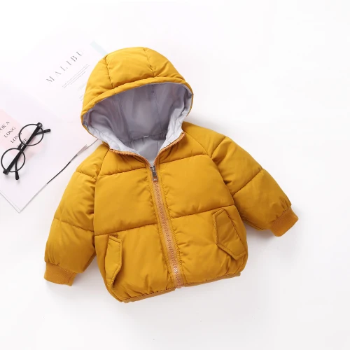 Куртка для маленьких мальчиков и девочек зимняя теплая От 1 до 6 лет верхняя одежда с надписями весеннее пальто с фруктовым принтом детская одежда на хлопчатобумажной подкладке с капюшоном - Цвет: Цвет: желтый