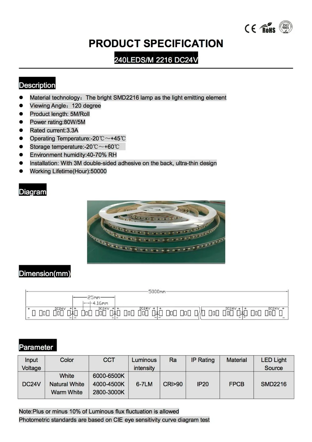 2216 SMD светодио дный Гибкая свет, 120/180/240 шт светодио дный за метр, DC 24 V, 5 м рулон/лот