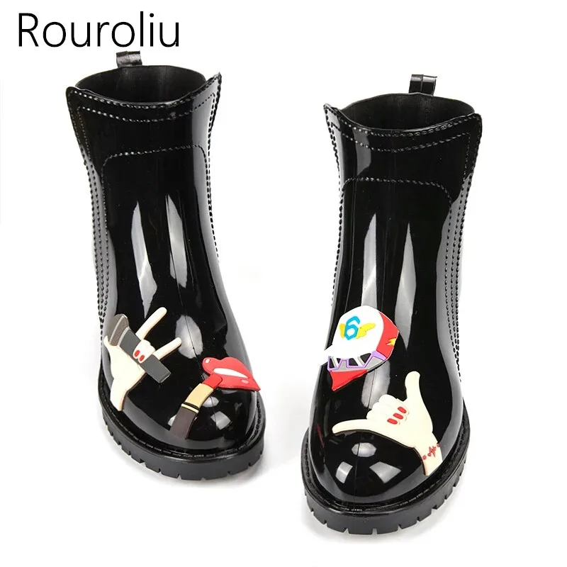 Rouroliu Women Fashion Casual Rainboots Non-Slip Waterproof Water Shoes Wellies Ankle Cartoon Rain Boots Woman RT311 Women's Shoes